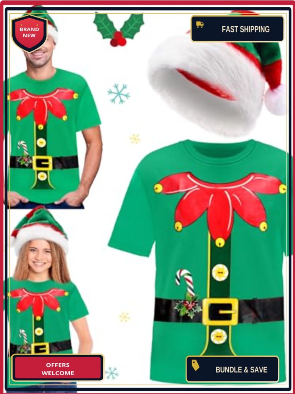 Christmas Elf Costume Set T-Shirt & Plush Striped Elf Hat Unisex Adult